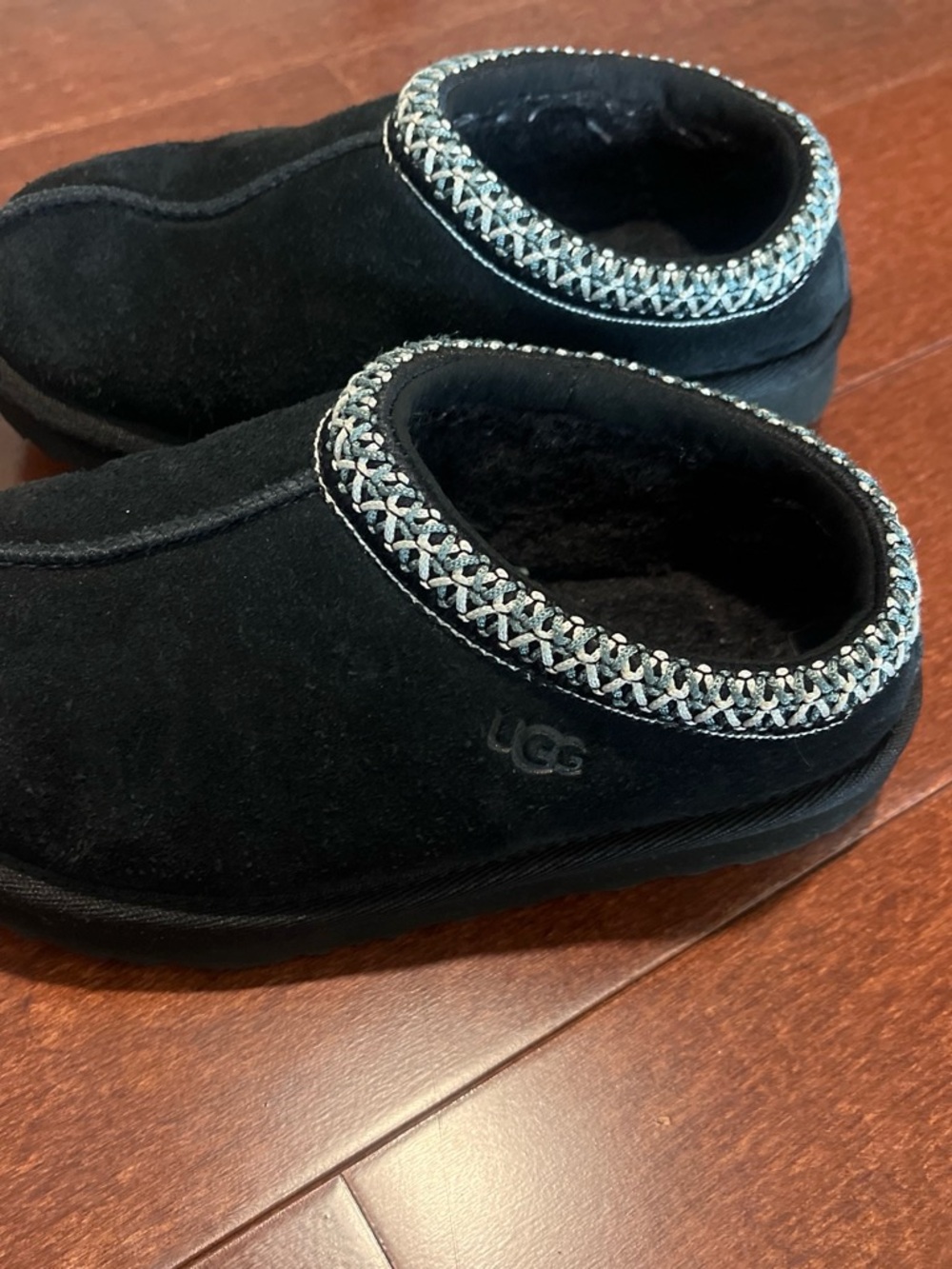 UGG Kids Black Suede Slip-On Slippers with Braided Trim